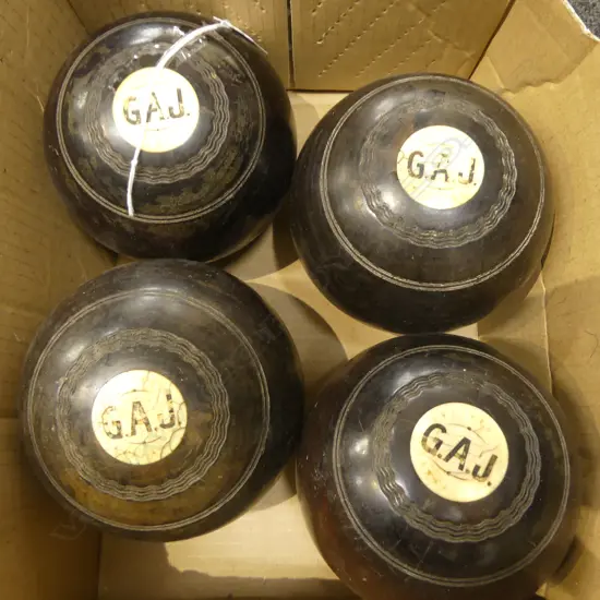 FOUR LIGNUM VITAE & IVORY BOWLING BALLS THOMAS TAYLOR GLASGOW SCOTLAND