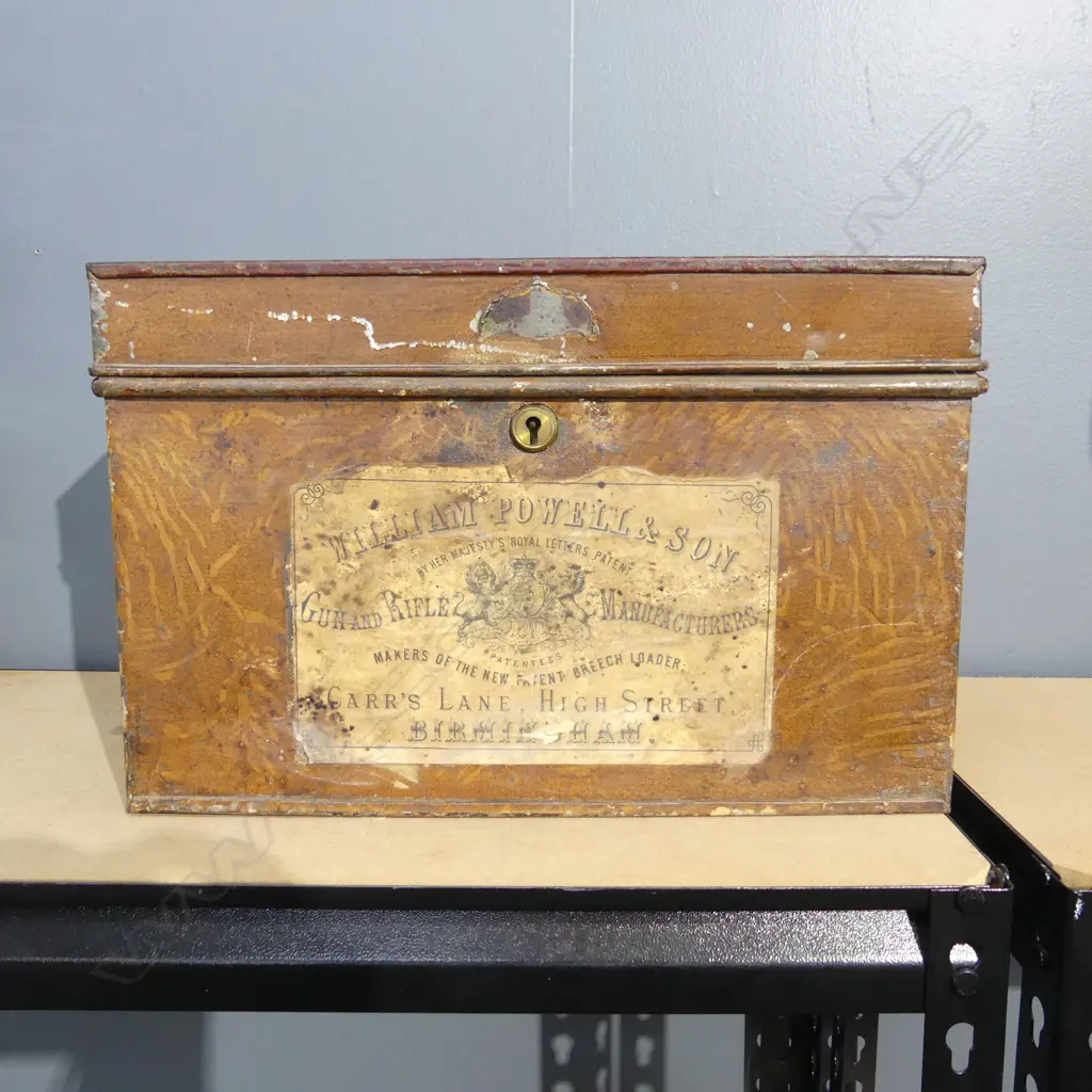 LG ANTIQUE TIN BOX, LABEL - William Powell & Son Gun & Rifle Manufacturers Image 1++