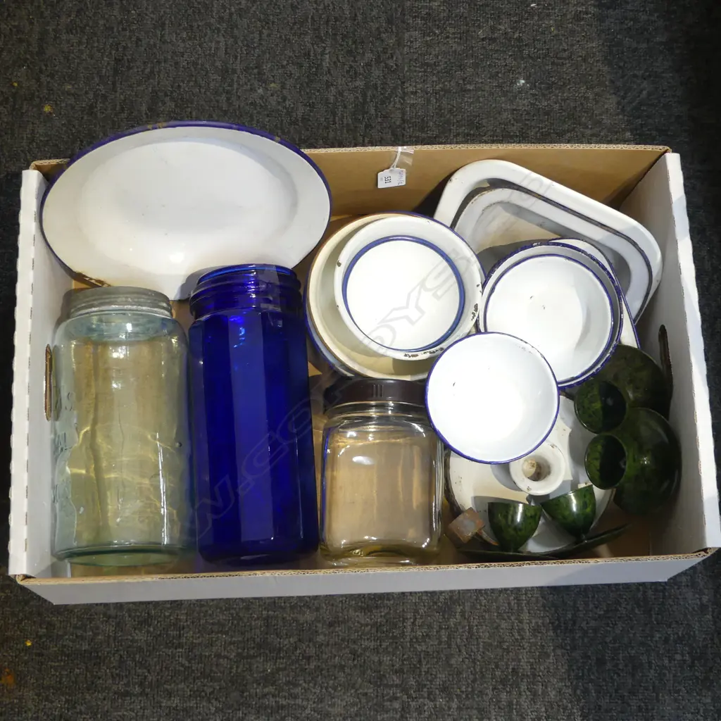 BOX – VINTAGE KITCHEN JARS, ASST. ENAMEL WARE, BAKELITE EGG CUPS Image 1++