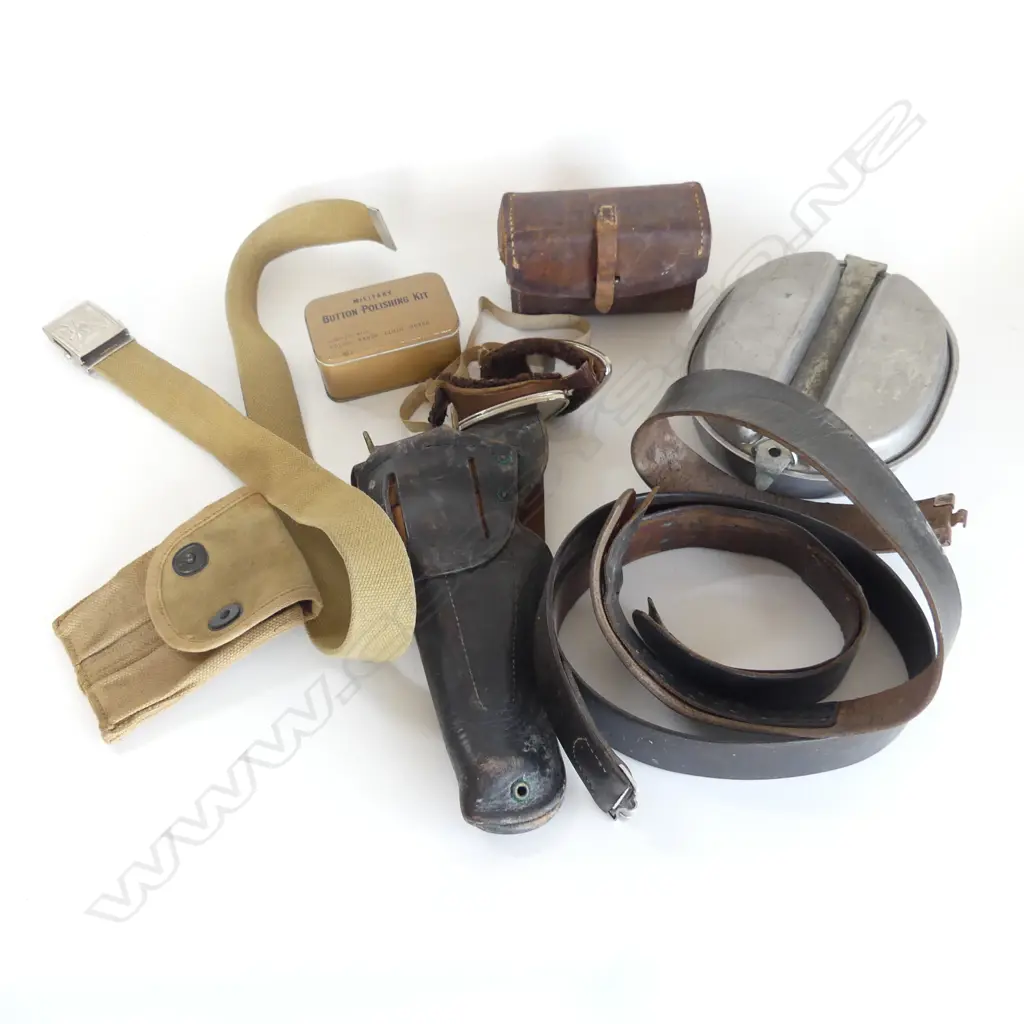 BOX OF MILITARY MESS TIN GOGGLES BELTS LEATHER HOLSTER ETC Image 1++