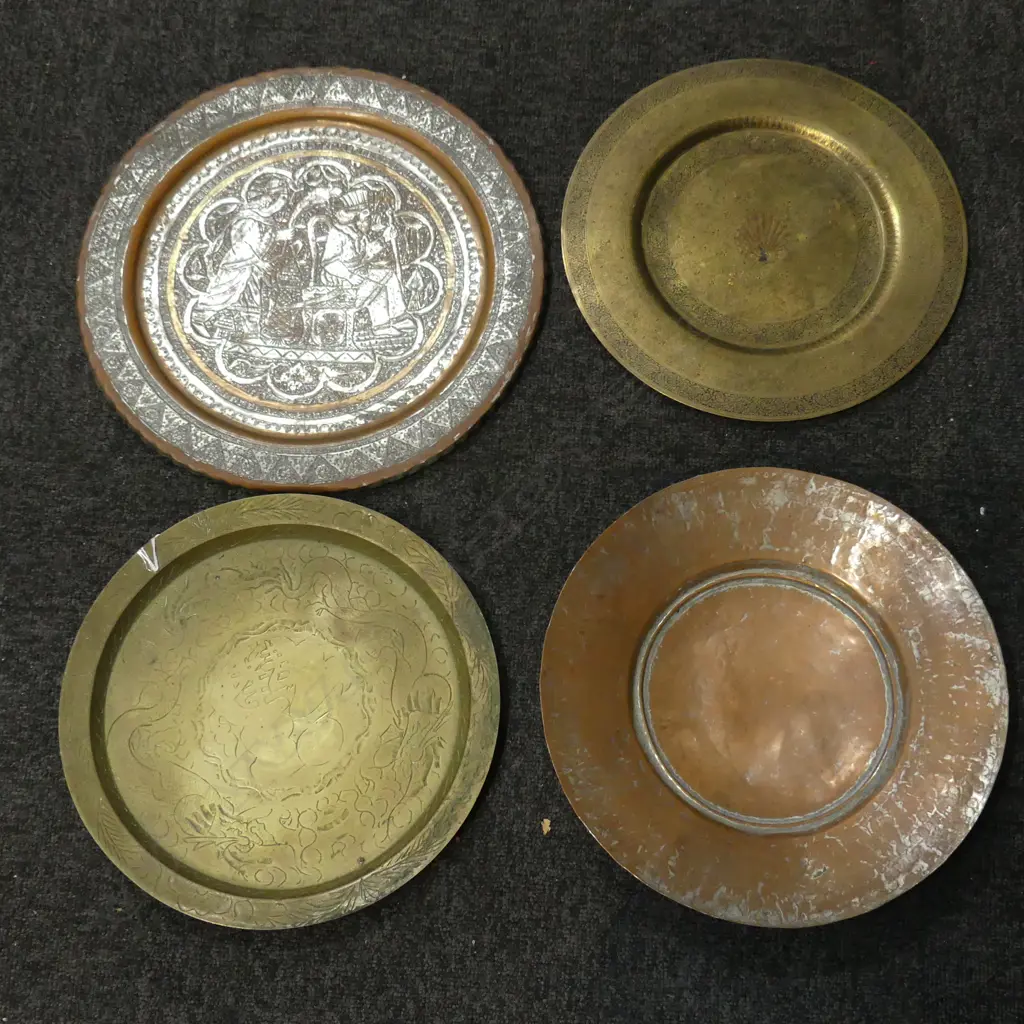 FOUR BRASS & COPPER TRAYS - CHINESE, PERSIAN ETC, D.290MM-340MM Image 1++