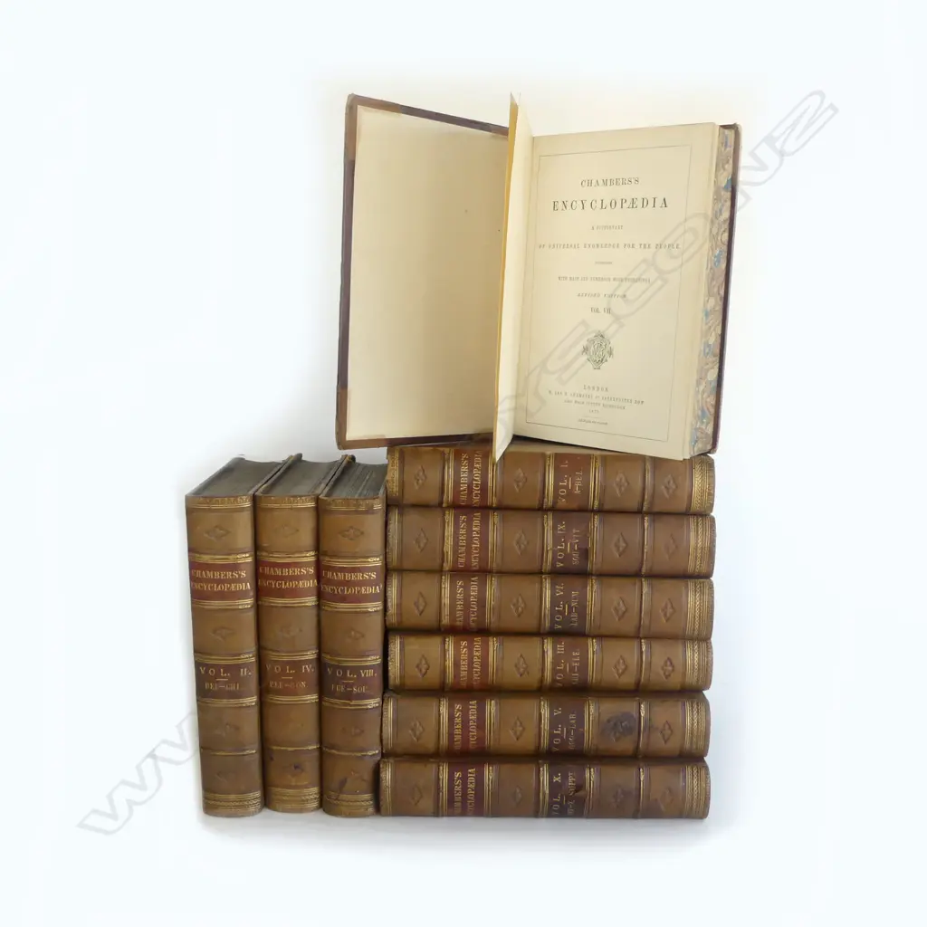 10 VOLUMES VICT LEATHER BOUND BOOKS CHAMBERS ENCYCLOPIDIA Image 1++