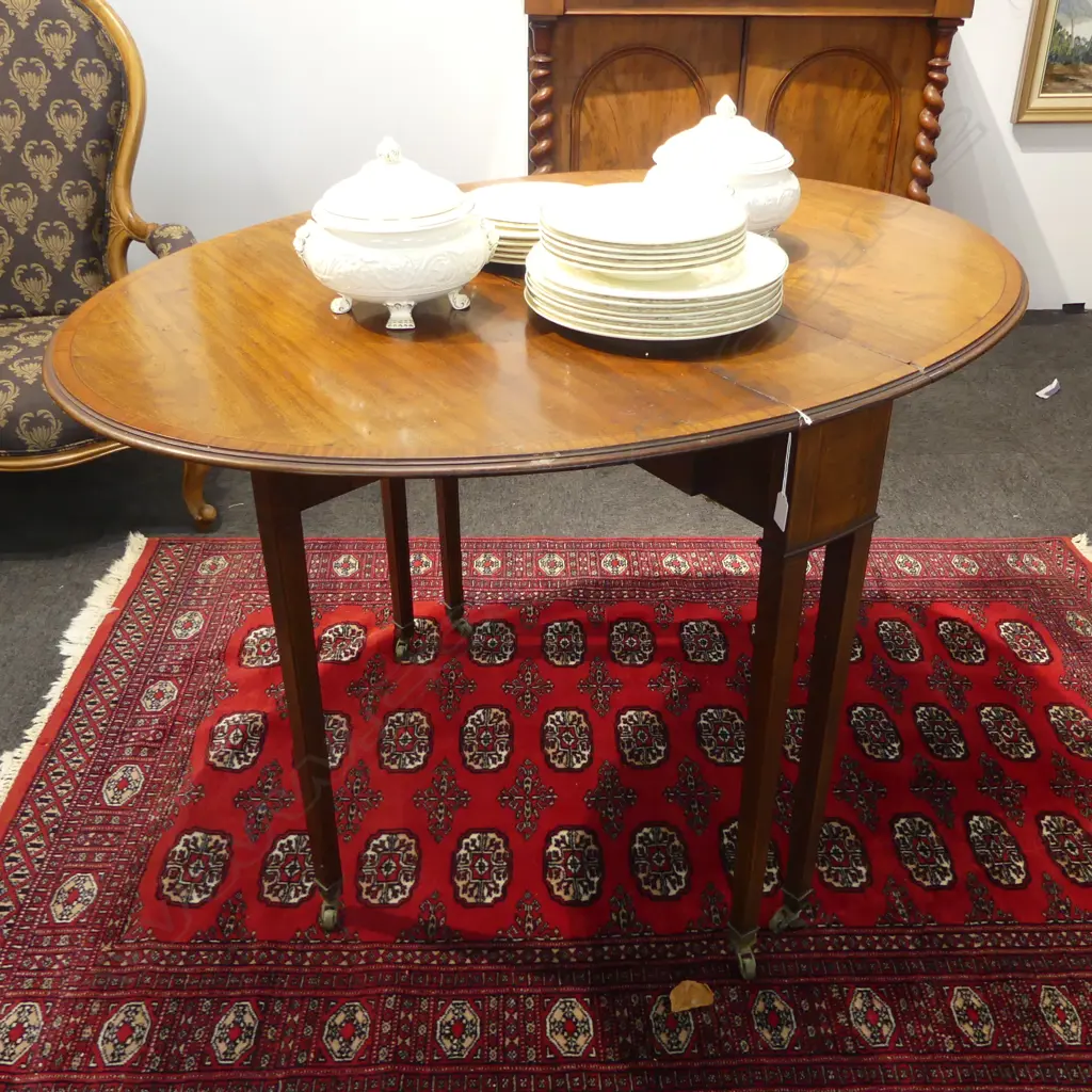 SHERATON MAHOGANY DROPSIDE PEMBROKE TABLE ON BRASS CASTERS H725MM  W1230MM Image 1++