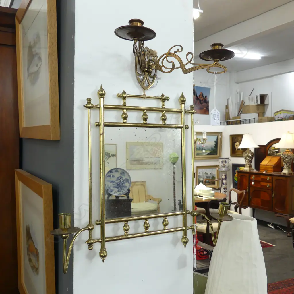 VINTAGE BRASS WALL MIRROR w CANDELABRA H.380mm & BRASS WALL ATTACHED CANDELABRA Image 1++