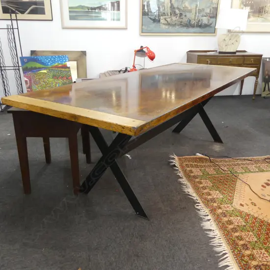 PLANK TOP DINING TABLE w. CONTEMPORARY METAL BASE 2200x900x735mm