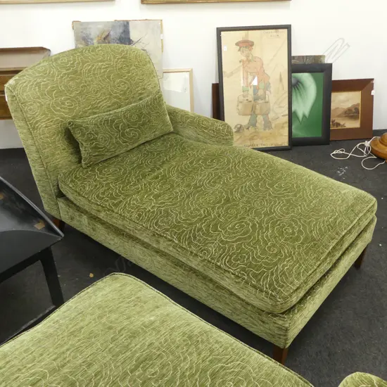 GREEN VELVET CHAISE SOFA 1550x860x900mm BACKREST TO LEFT SIDE