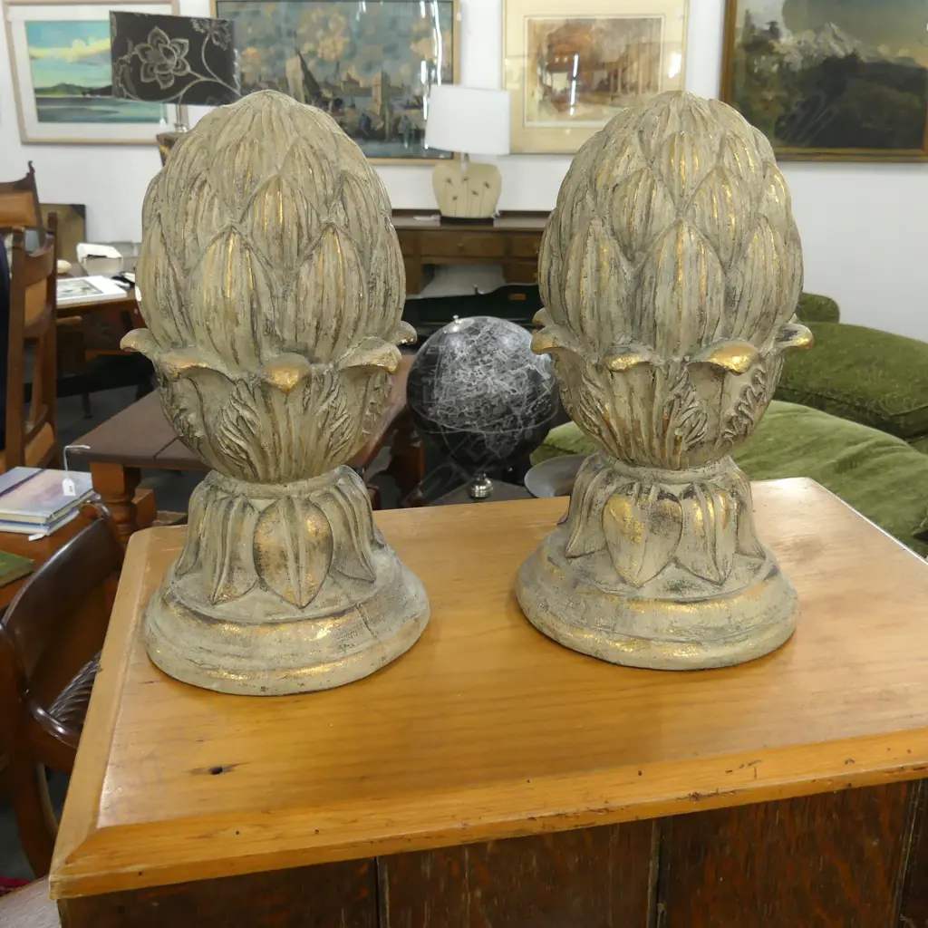 PR PAINTED PLASTER ACANTHUS LEAF FINIALS H.280mm CHIPS Image 1++