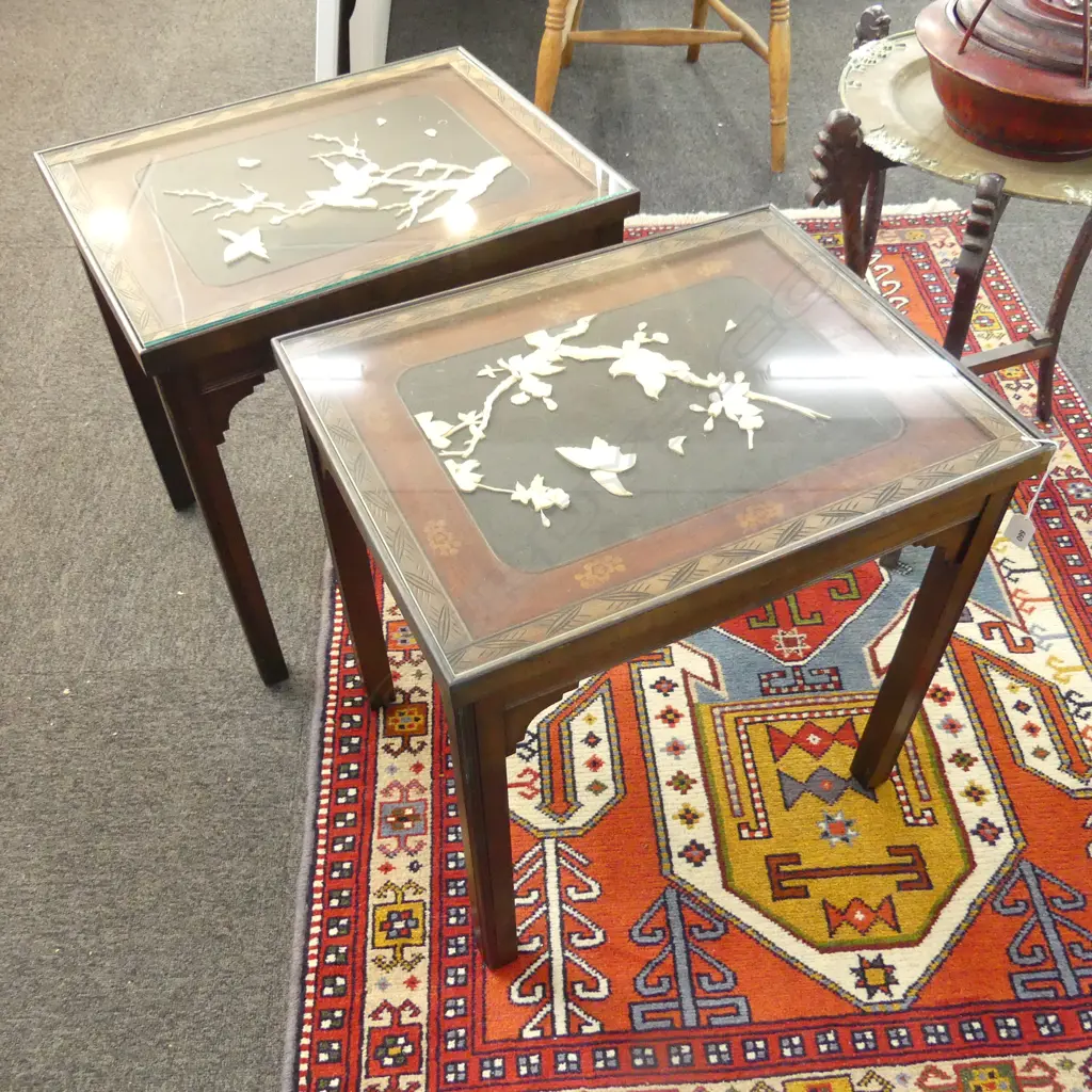 PR ORIENTAL SIDE TABLES; INLAID MOTHER OF PEARL SHOWING SPRING BLOSSOM,  550 x 430 x 555mm Image 1++
