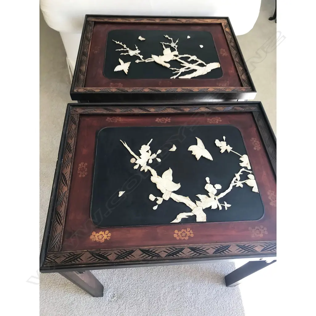PR ORIENTAL SIDE TABLES; INLAID MOTHER OF PEARL SHOWING SPRING BLOSSOM,  550 x 430 x 555mm Image 1++