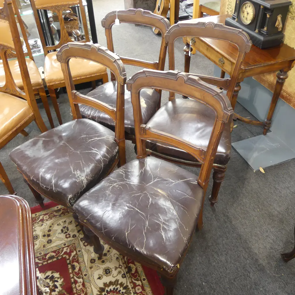 SET FOUR VICTORIAN WALNUT DINING CHAIRS, LEATHER SEATS Image 1++