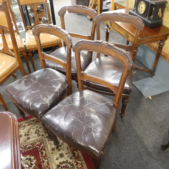 SET FOUR VICTORIAN WALNUT DINING CHAIRS, LEATHER SEATS