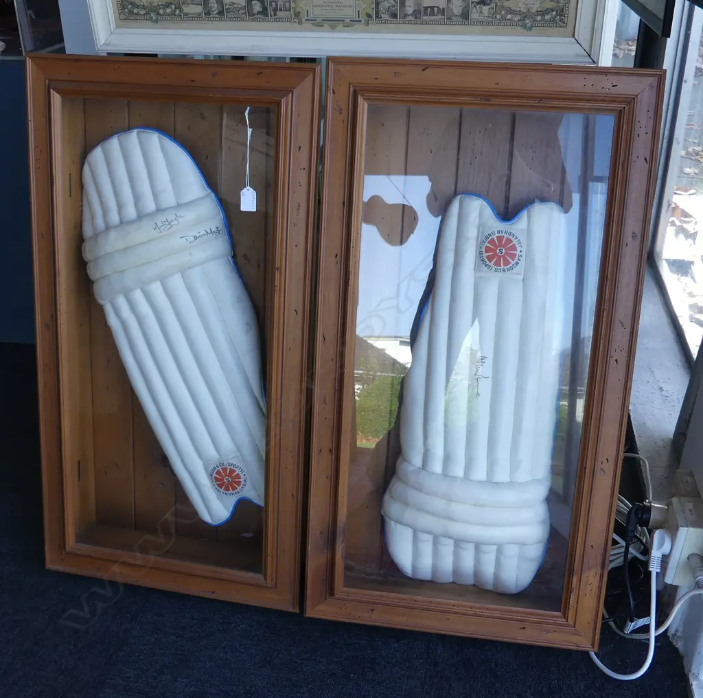 PR WOODEN DISPLAY CABINETS w. NZ & AUST. CRICKET TEAM C.1992 SIGNED LEG GUARD PADS 895x475x150mm Image 1++