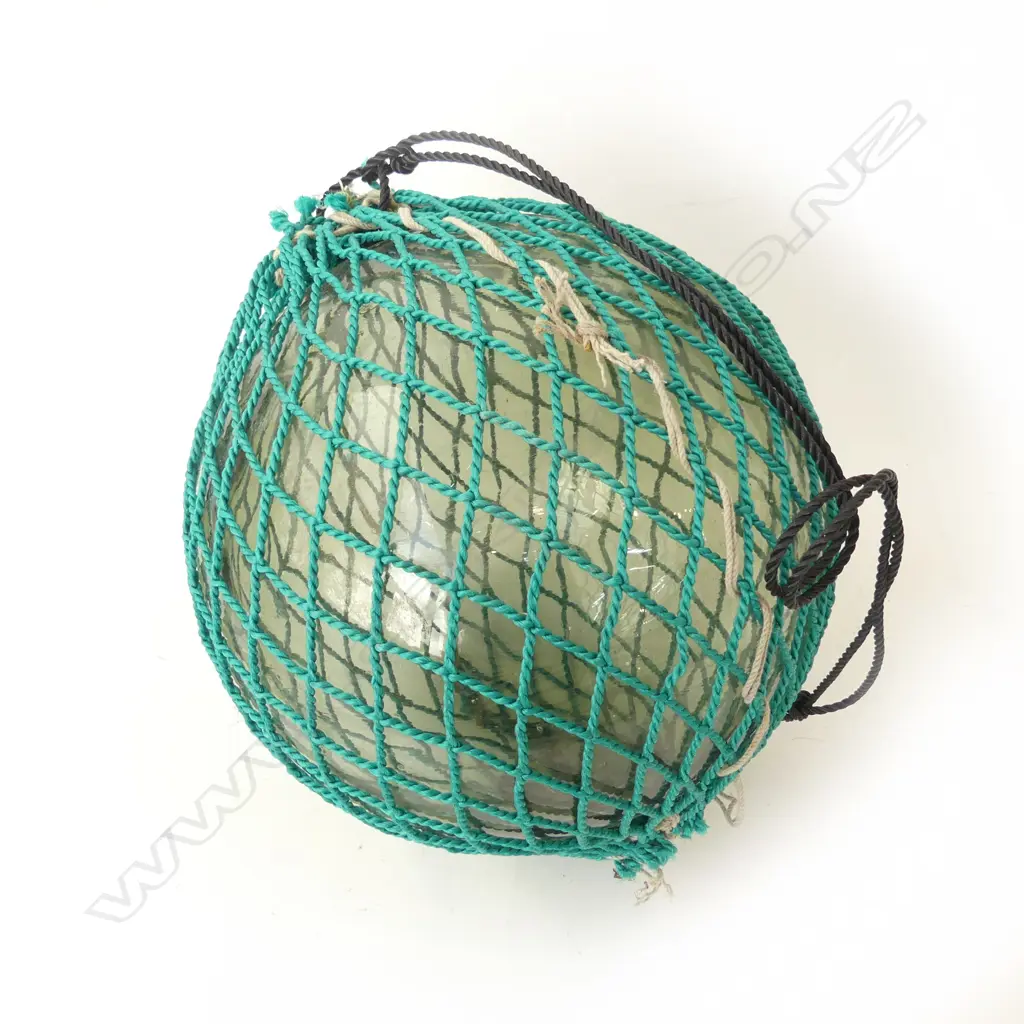 OLD GLASS FISHING FLOAT WITH NETTING hand blown APPROX. Dia.300mm Image 1++