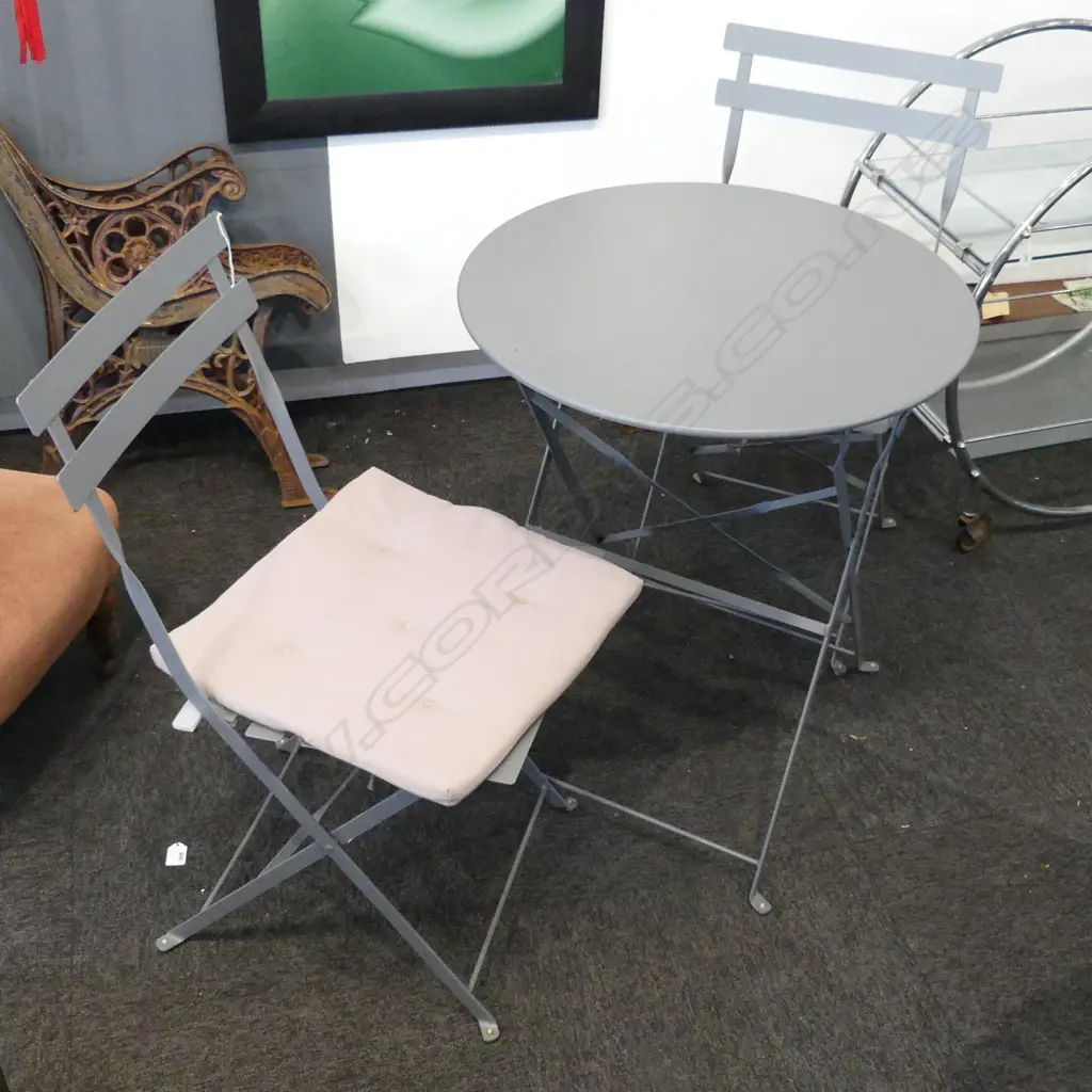 3 PCE METAL PATIO SET; TABLE 600mm dia  & 2 CHAIRS Image 1++