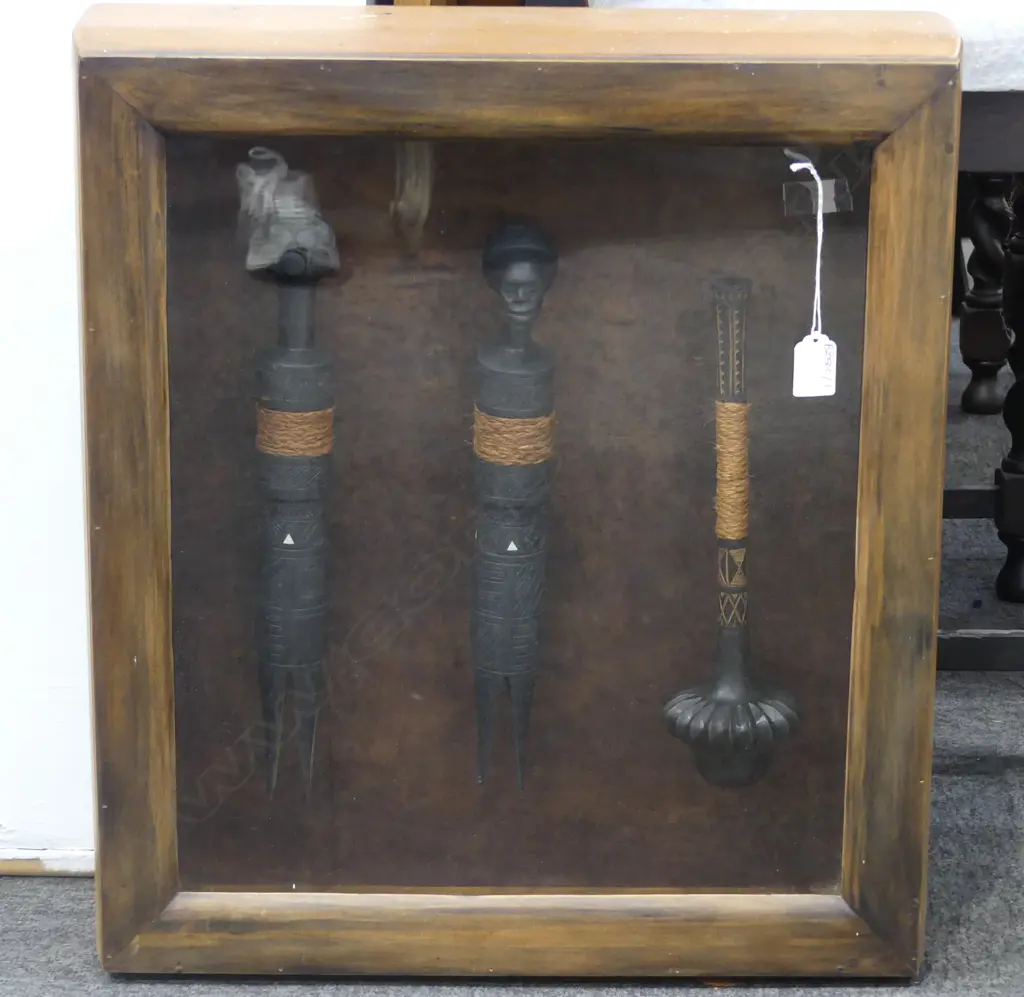 3 CARVED WOODEN TRIBAL TOOLS IN HEAVY DISPLAY CASE 560x500x140mm Image 1++