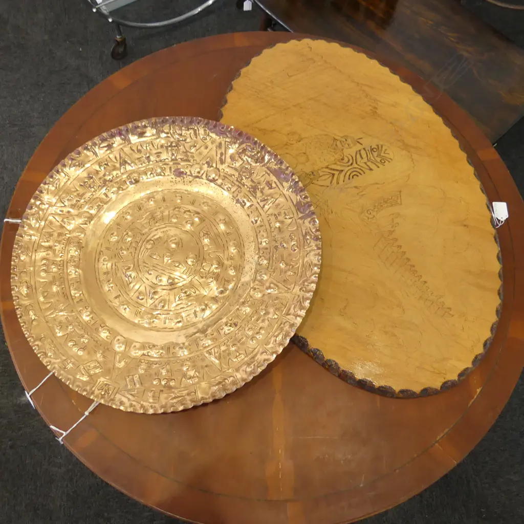 MAORI POKER WORK WOODEN PANEL 455x710mm + INCA STYLE COPPER CHARGER 490mm dia Image 1++