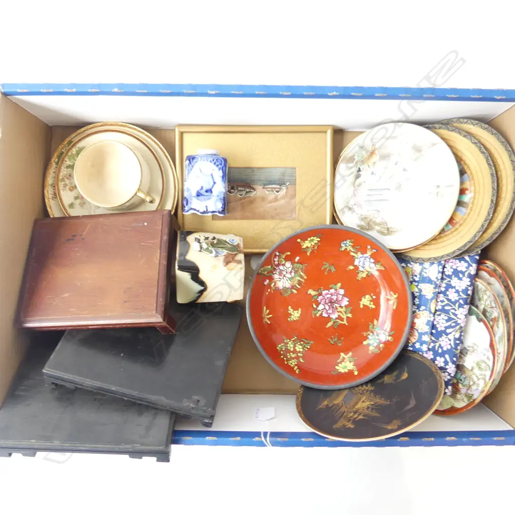 BOX – ORIENTAL ITEMS - 3 WOODEN STANDS, ASST CHINA & SMALL PAINTING Image 1++