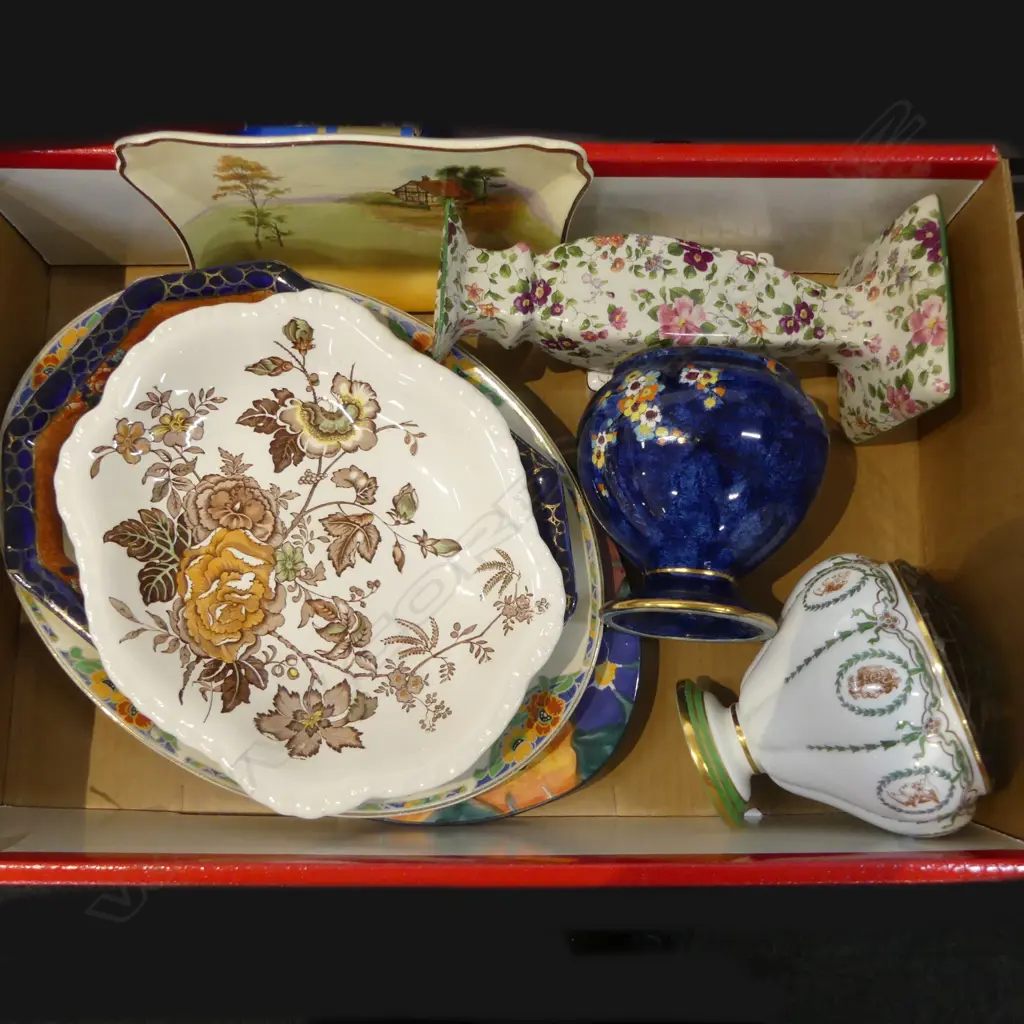 BOX – ROSE BOWLS, CHINTZ CANDLESTICK, PLATTERS BY ROYAL DOULTON, MASON’S ETC Image 1++