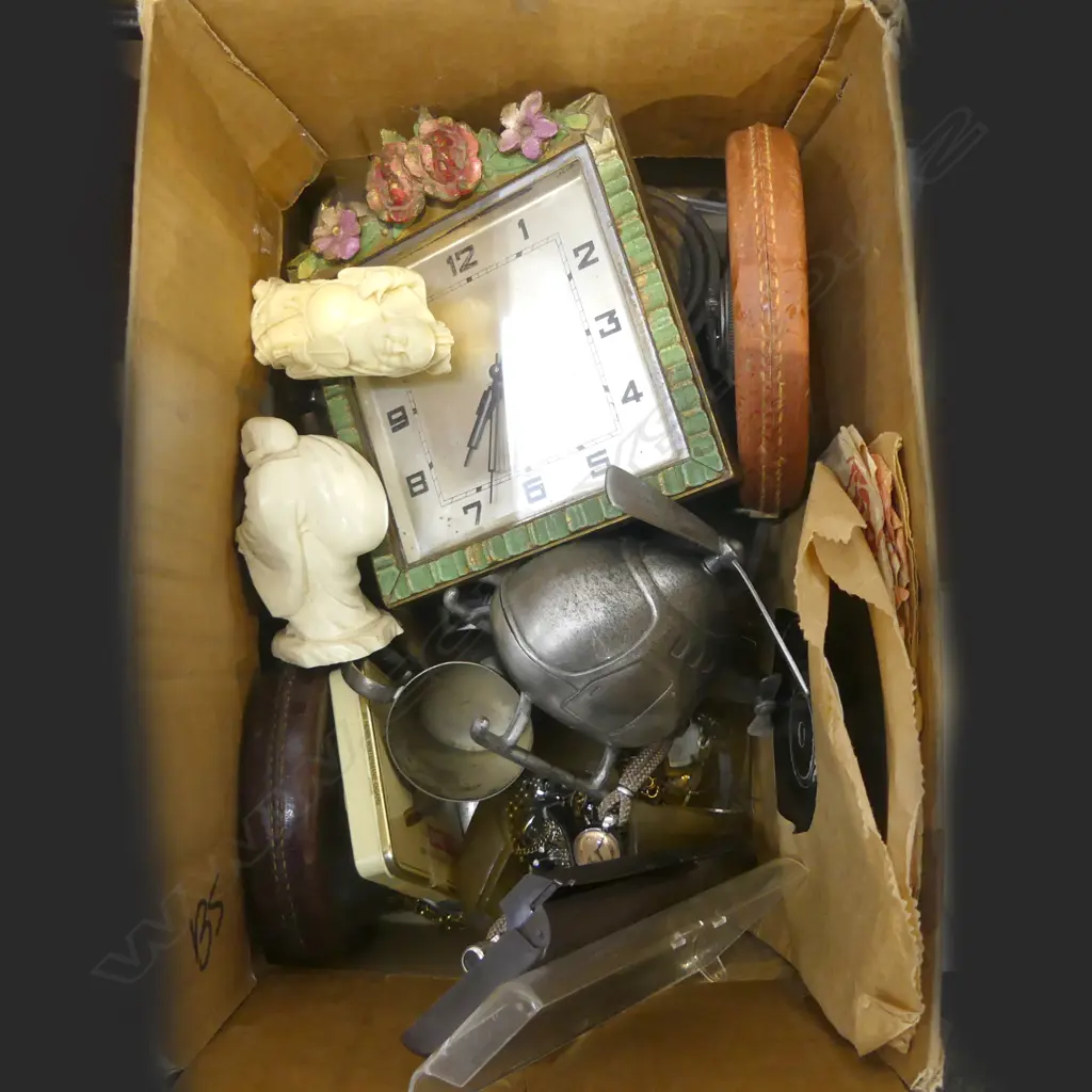 MONEY BANKS, TAPE MEASURES, WEIGHTS, CLOCK, 2 RESIN ORIENTAL FIGURES, PARKER PEN, COSTUME JEWELLERY ETC Image 1++