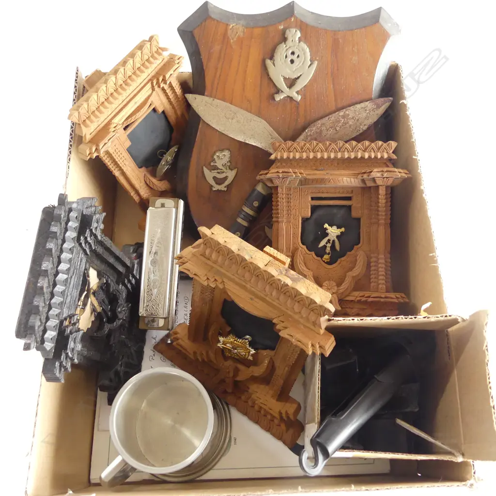 BOX LOT NEPALESE HAT BADGES IN FRAMES  NEPALESE SHEILD  H290MM  MOUTH ORGAN BUCK KNIFE ETC Image 1++