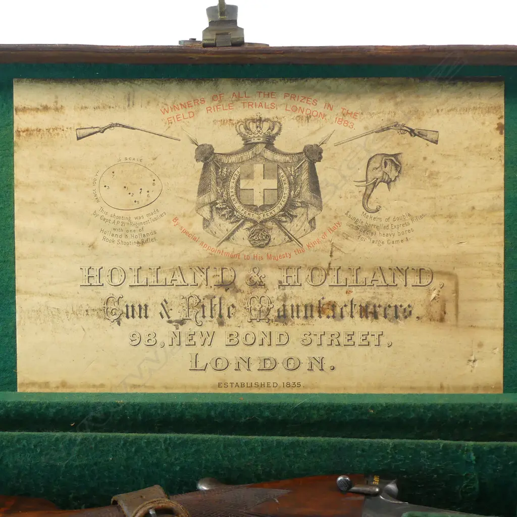 A Holland & Holland Patent hammerless rook rifle, cal 297-260, with extra 410 barrel, in leather case, Image 1++