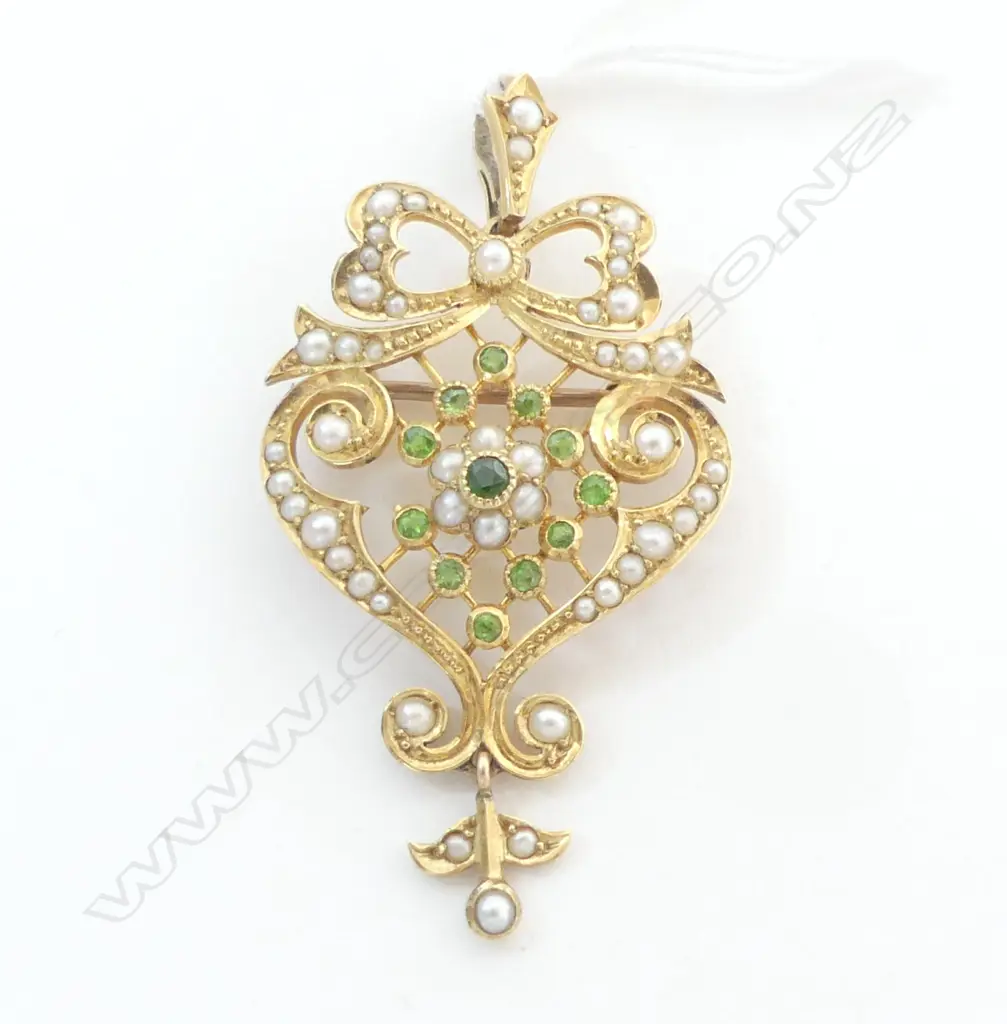 EDWARDIAN 15CT GOLD PENDANT SEED PEARL & GREENSTONE HIGHLIGHTS minor faults 7.61gms Image 1++