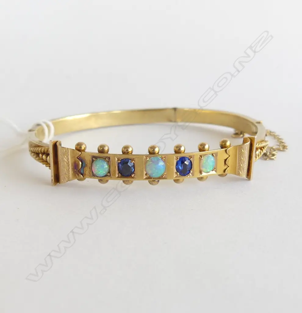 15ct GOLD BANGLE SET w OPALS & SAPPHIRES 10.6gm (dents in band) Image 1++