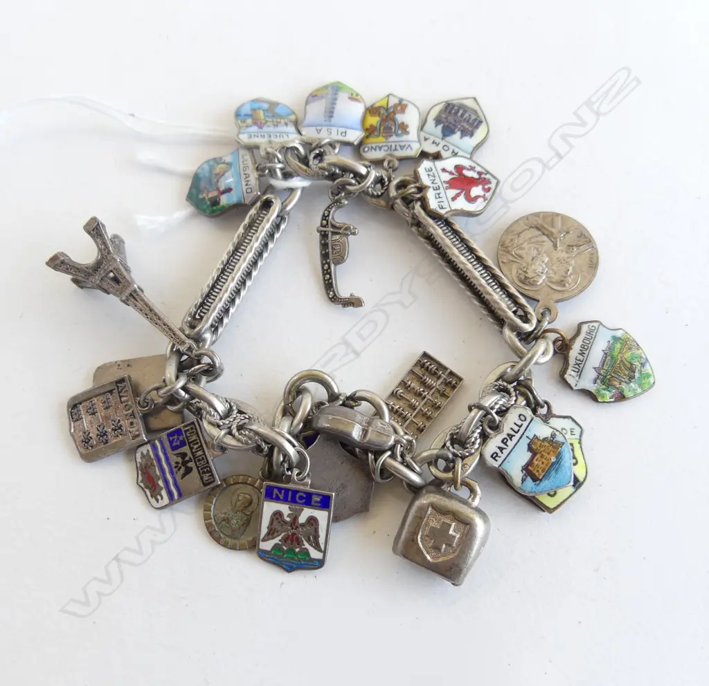 ANTIQUE SILVER CHARM BRACELET with various mainly ENAMELLED CHARMS 46gms  Image 1++