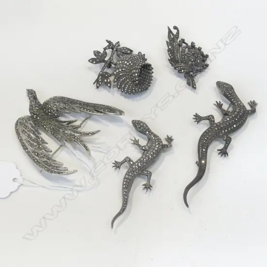 5 LG MARCASITE & SILVER BROOCHES