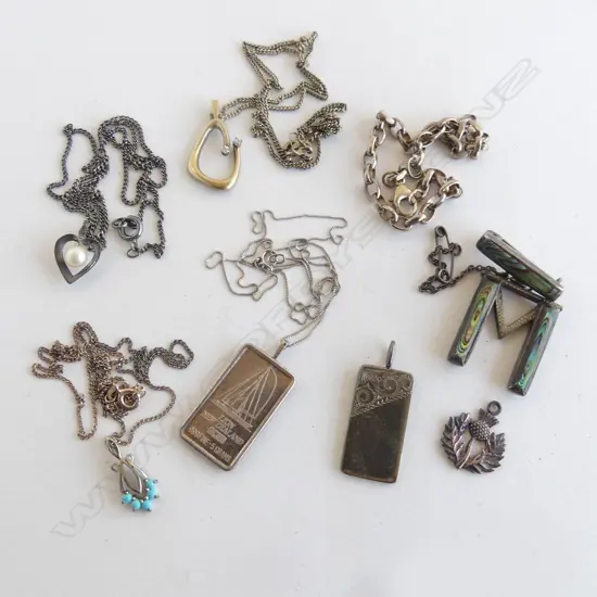 SILVER JEWELLERY: 4 NECKLACES + 1 INGOT + BRACELET + M PAUA suspended BROOCH + THISTLE CHARM