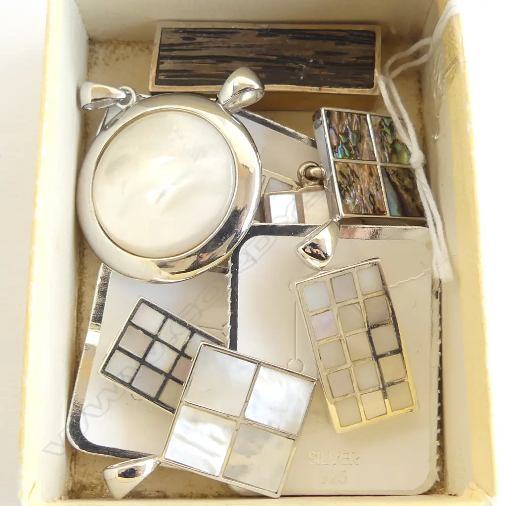 9 SILVER PENDANTS, 7 MOP & 2 OTHERS, new old stock Image 1++