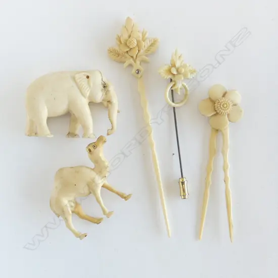 VINTAGE CARVED IVORY SMALL ELEPHANT + CAMEL + FLORAL POINER dble pin +  2 STICK PINS