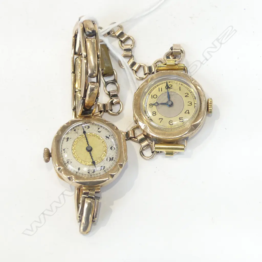 2 ANTIQUE 9CT LADIES WRIST WATCHES w. 9CT STRAPS Image 1++