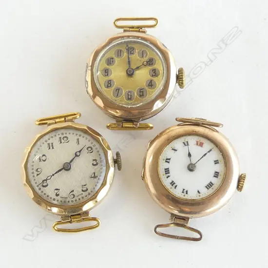 3 ANTIQUE GOLD WRIST WATCHES (NO STRAPS)