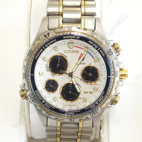 AMERICA'S CUP CITIZEN WATCH No.20. PRESENTED TO OUR VENDOR BY SIR PETER BLAKE (not working requires attention) BOXED