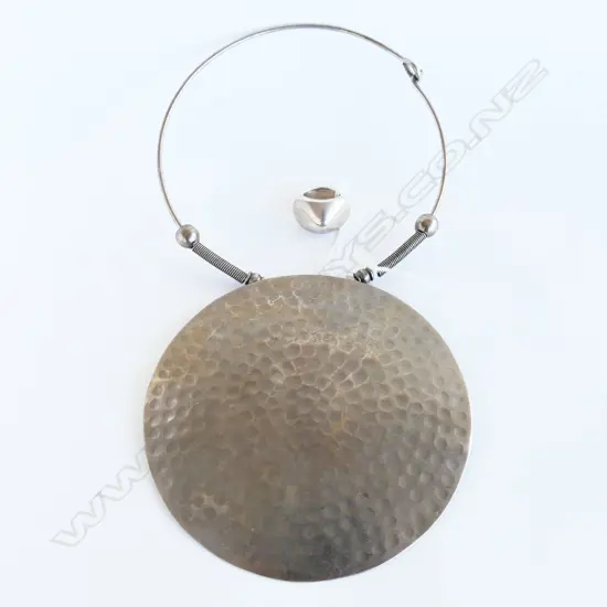 CHOKER w LG HANDBEATEN DISC & HANDCRAFTED SILVER RING