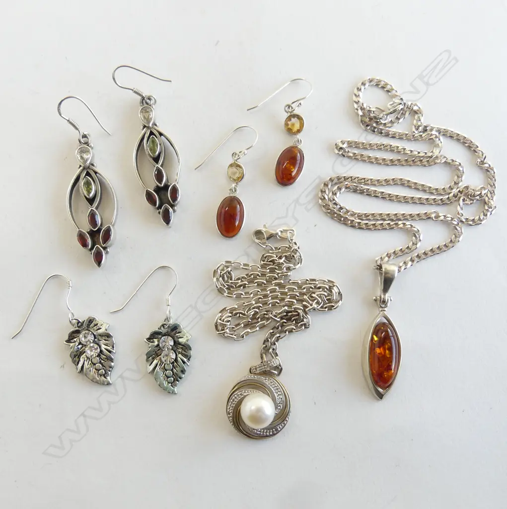 3 PRS SILVER EARRINGS + 2 PENDANT NECKLACES: GEM SET  Image 1++