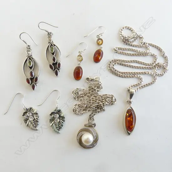 3 PRS SILVER EARRINGS + 2 PENDANT NECKLACES: GEM SET 