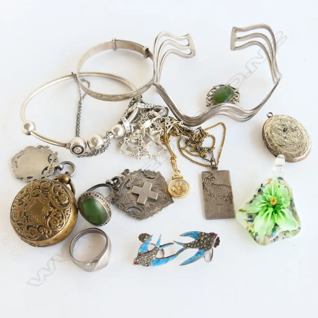 ASST SILVER JEWELLERY: CHAM BANGLE + 2 OTHRES + MEDALLIONS + RINGS + NECKLACES + SWALLOW EARRINGS + GOLD FLAKE PENDANT Image 1++