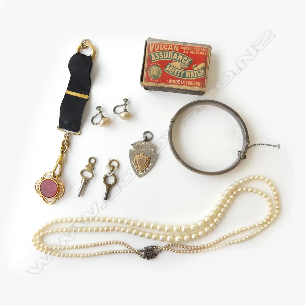 ASST JEWELS ETC: COSTUME PEARL NECKLACE + FOB + MEDALLION + SILVER BANGLE + card matchbox + keys Image 1++