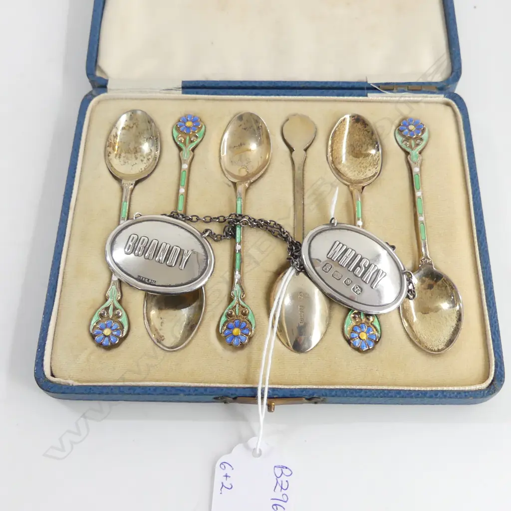 SET OF 6 STG SILVER TEASPOONS CASED + 2 STG DECANTER LABELS 57gms Image 1++