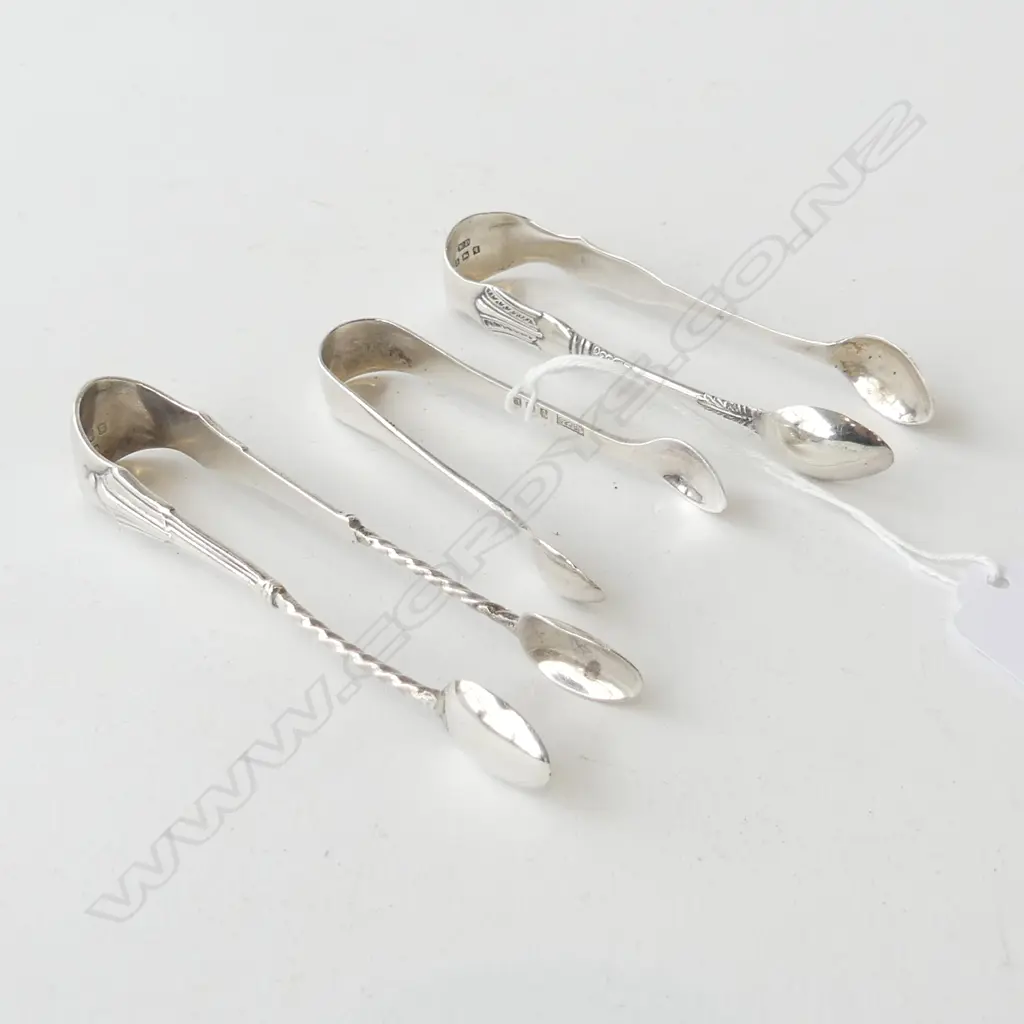 3 PAIRS OF STG SILVER TONGS BIRMINGHAM 1900, 1915, 1929, L.70MM-95MM Image 1++
