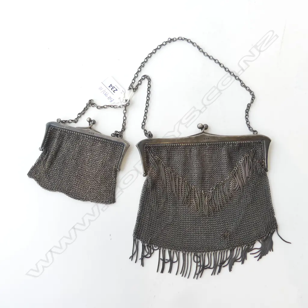 2 ANTIQUE STG SILVER MESH PURSES 259gms Image 1++