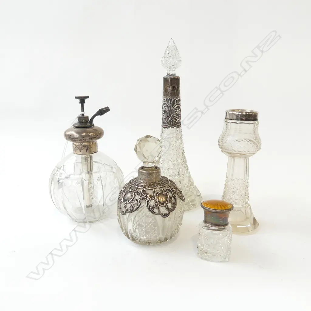 5 ANTIQUE CRYSTAL & STG PERFUME BOTTLES H.220mm Image 1++