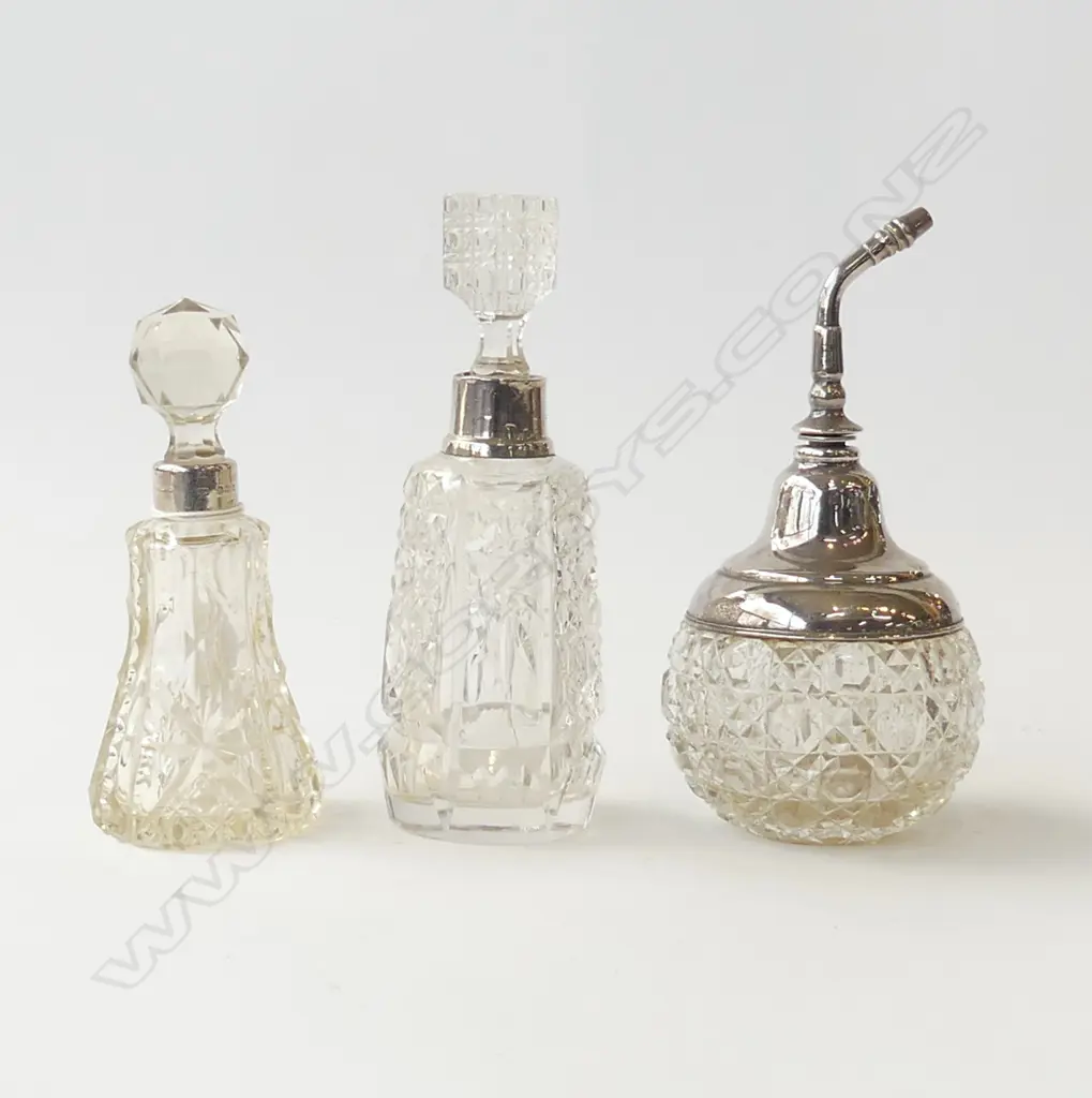 3 STG SILVER & CUT CRYSTAL PERFUMES, ONE PUMP ACTION, LONDON 1896 ETC, NB: CHIP TO BASE OF STOPPERS, L.130MM-150MM Image 1++