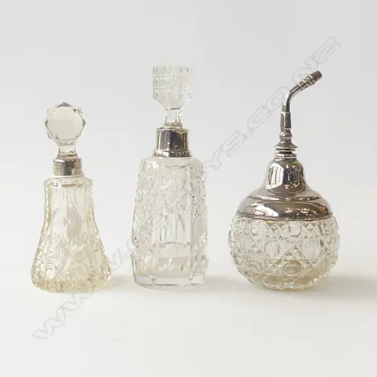 3 STG SILVER & CUT CRYSTAL PERFUMES, ONE PUMP ACTION, LONDON 1896 ETC, NB: CHIP TO BASE OF STOPPERS, L.130MM-150MM