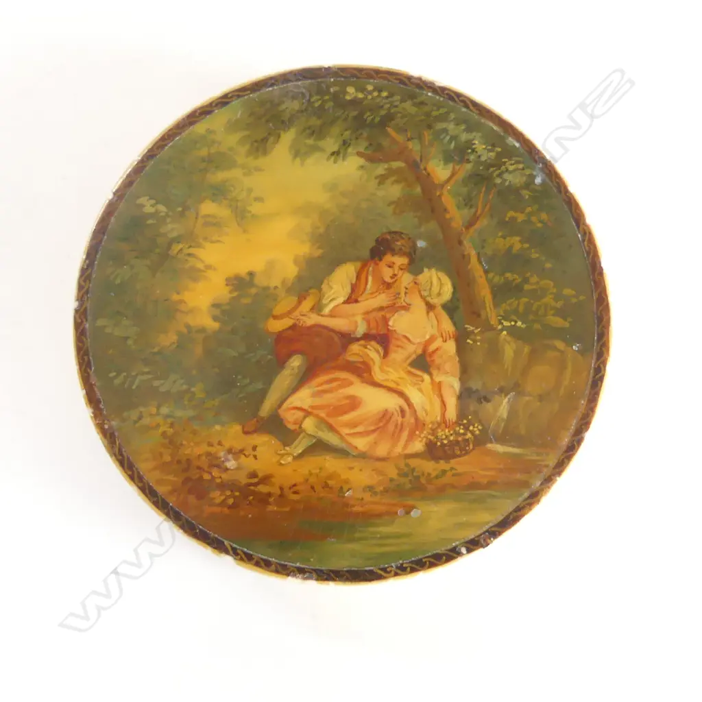 **RTV** attrib. FRANCOIS BOUCHER painted IVORY LIDDED BOX '1754' - COURTING COUPLE Dia.85mm Image 1++