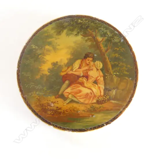 **RTV** attrib. FRANCOIS BOUCHER painted IVORY LIDDED BOX '1754' - COURTING COUPLE Dia.85mm
