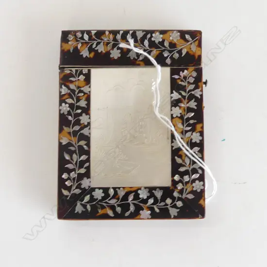 VICTORIAN TORTOISESHELL + MOP INLAID & PANELLED CARD CASE minor faults