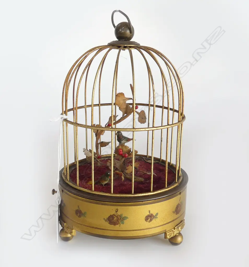 EARLY 20thC 2 SINGING BIRDS IN GILT CAGE not working but good quality H.200mm Image 1++